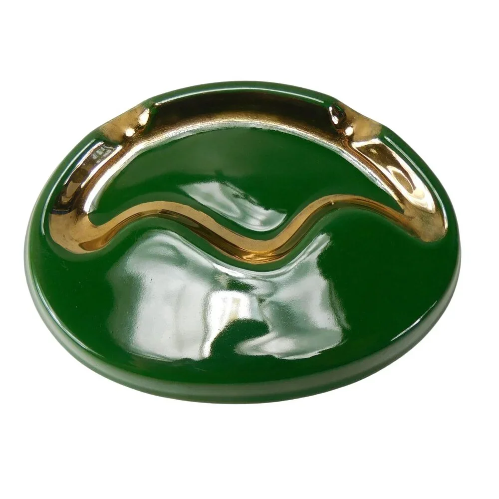 Vintage 1950's  V.I.P. Ceramic Ashtray Green With Gold Accents